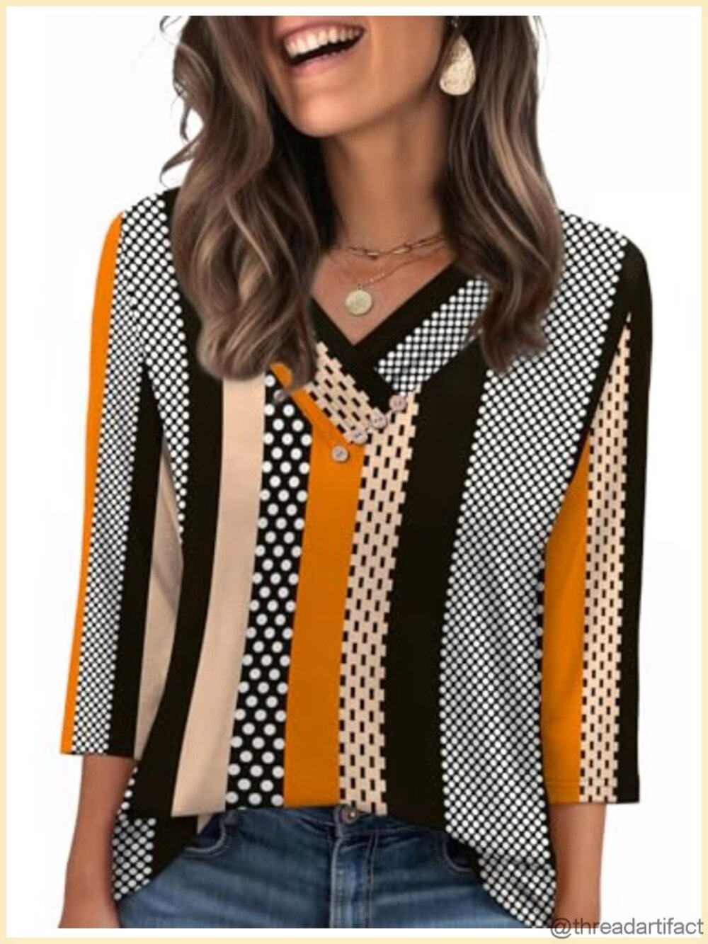 V Neck 3/4 Sleeve Button Down Shirt Business Casual Blouse